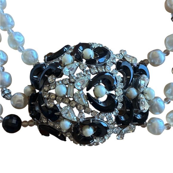 Vintage Brania Runway Black Glass & Clear Rhinestone Pearl Statement Necklace - Picture 2 of 9